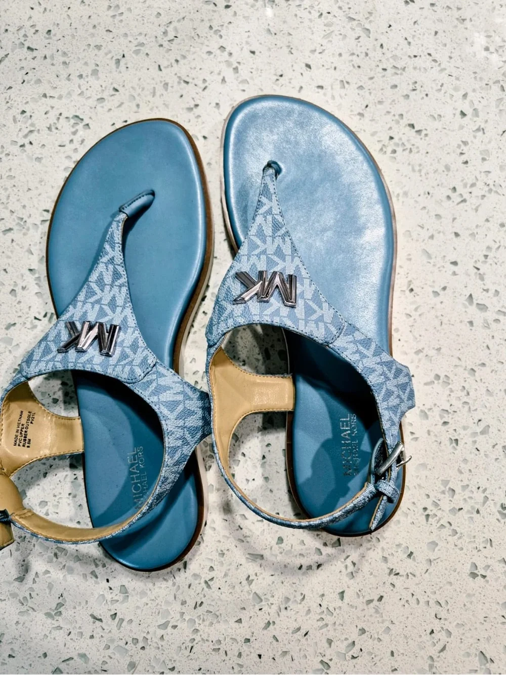 Michael Kors Women’s Logo Thong Buckle Strap Leather Sandals Blue 9.5